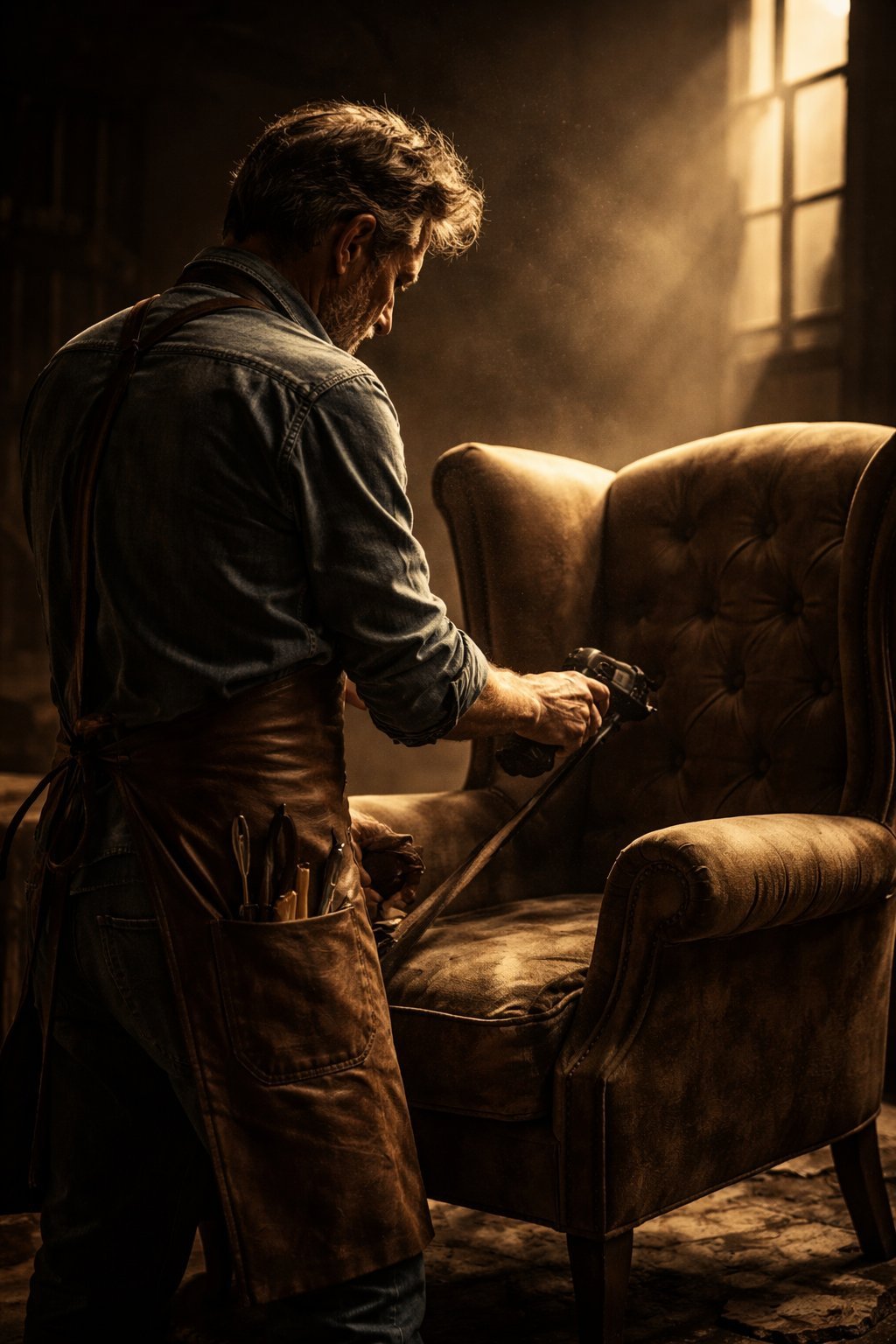 Maestro Tapicero restaurando sillón clásico — Tapicería AR